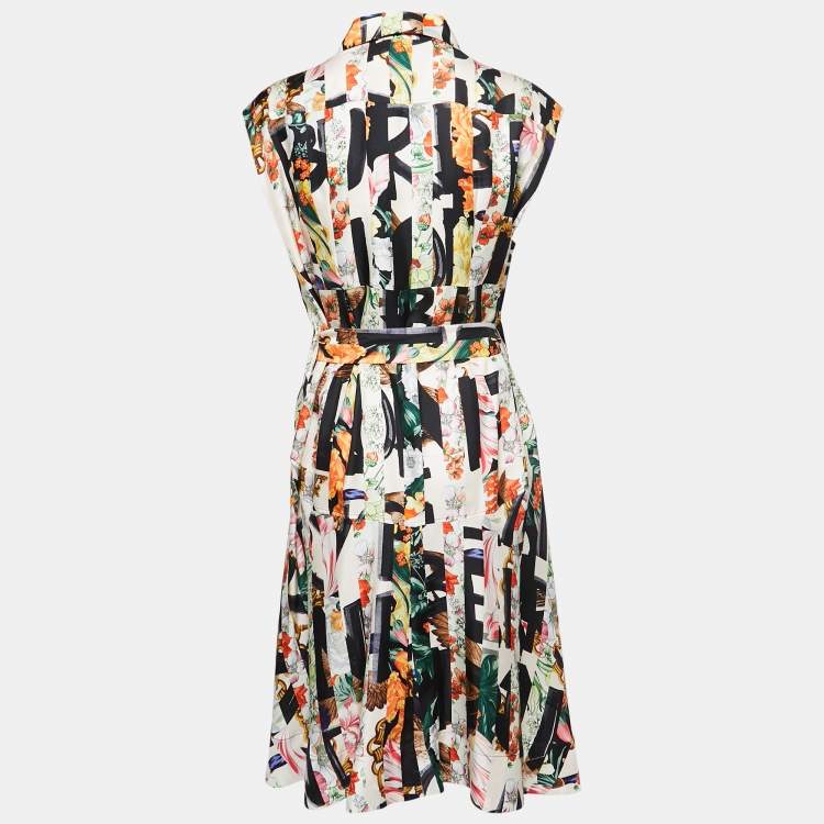 Pre Owned Burberry Multicolor Printed Silk Belted Midi Dress M