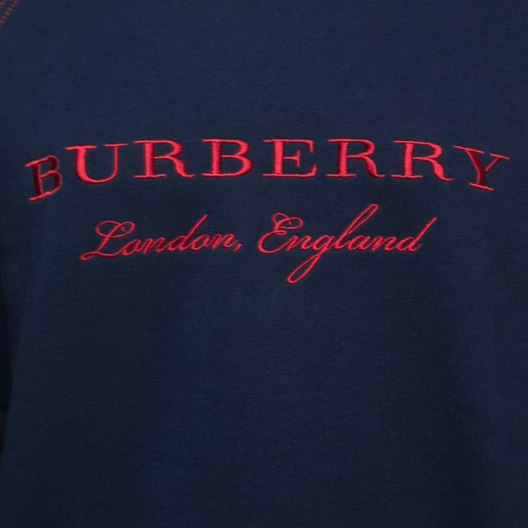 Pre Owned Burberry Navy Blue Logo Embroidered Crewneck Sweatshirt M