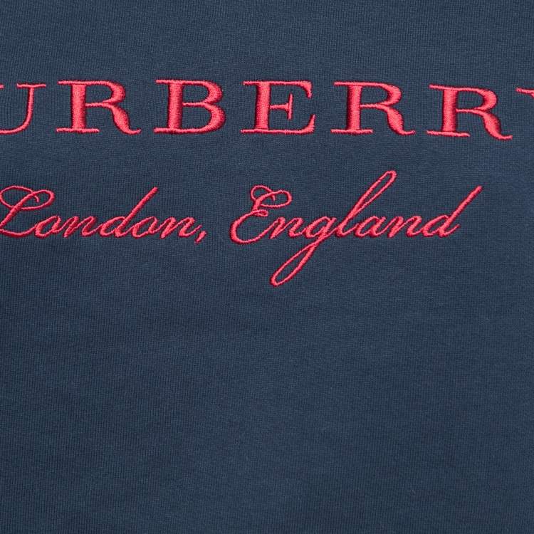 Pre Owned Burberry Navy Blue Logo Embroidered Cotton Crew Neck Sweatshirt M