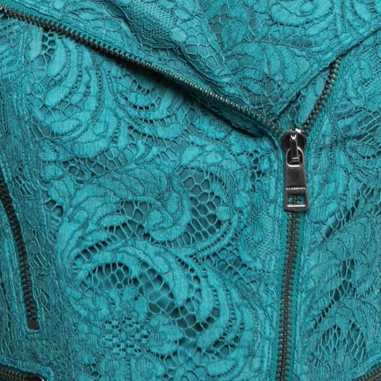 مملوكة مسبقًا Burberry Teal Blue Floral Lace Biker Jacket S