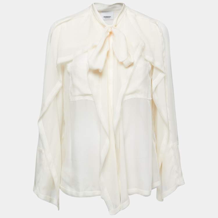 Pre Owned Burberry Off White Silk-Chiffon Pussy-Bow Panelled Blouse M