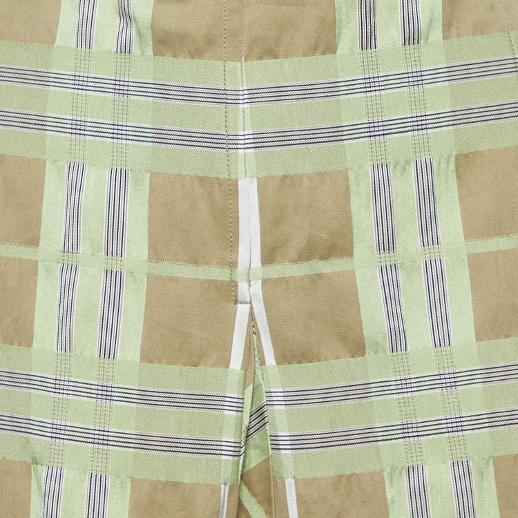 Pre Owned Burberry Green & Beige Checkered Cotton & Silk Pleated Skirt M