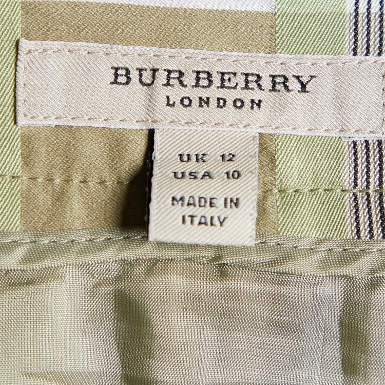 Pre Owned Burberry Green & Beige Checkered Cotton & Silk Pleated Skirt M