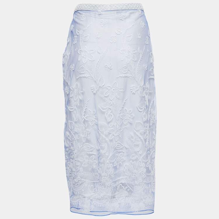 Pre Owned Burberry Blue Floral Embroidered Tulle Midi Skirt L