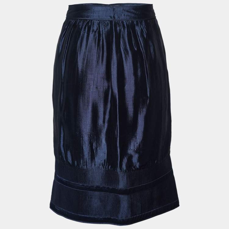 Pre Owned Burberry Navy Blue Silk Blend Textured Hem Detail Mini Skirt S