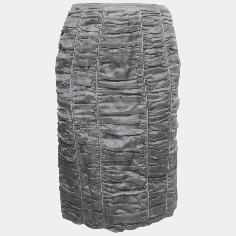 Pre Owned Burberry Grey Silk Ruched Knee Length Skirt S