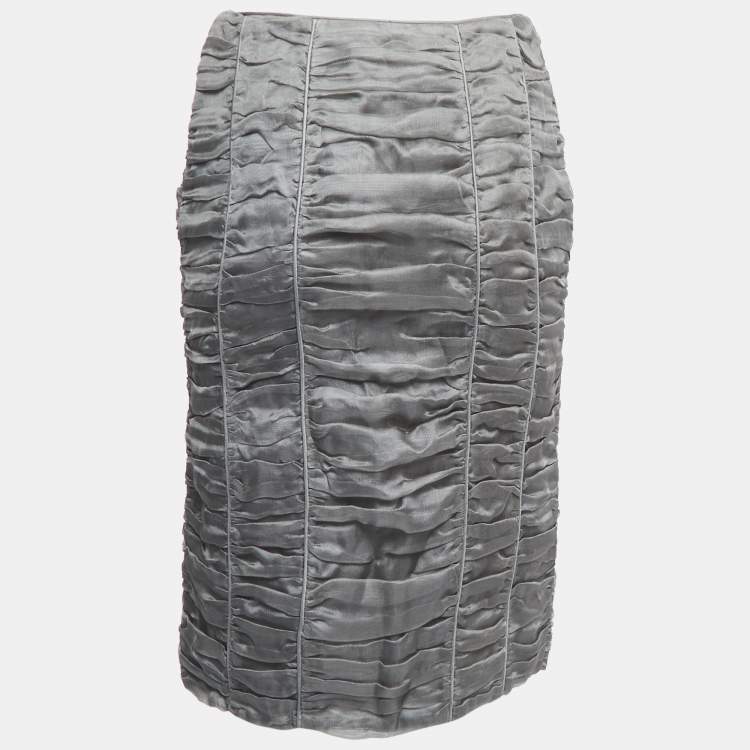 Pre Owned Burberry Grey Silk Ruched Knee Length Skirt S