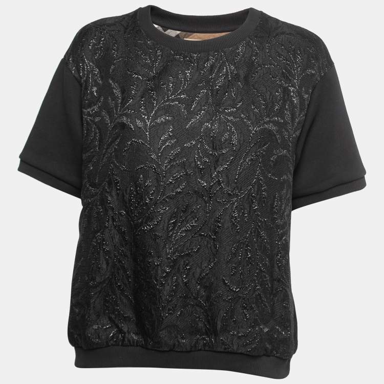 Pre Owned Burberry Black Floral Jacquard Contrast Jersey T-Shirt L