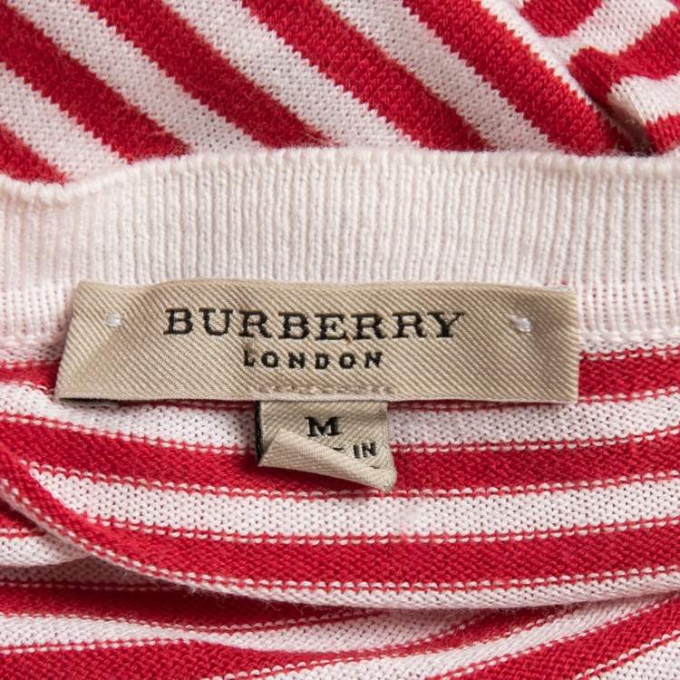 Pre Owned Burberry Red & White Striped Cotton Knit V-Neck Jumper M