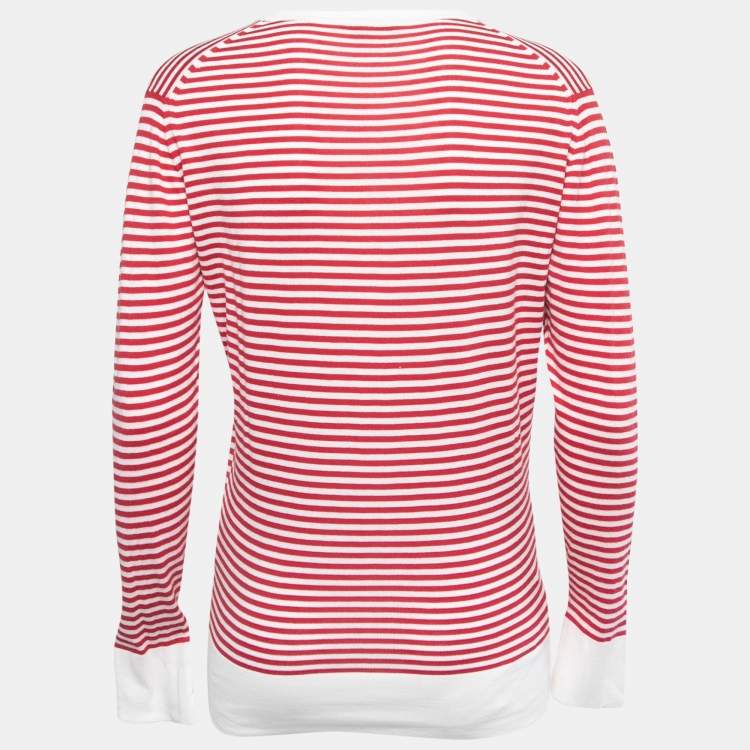 Pre Owned Burberry Red & White Striped Cotton Knit V-Neck Jumper M