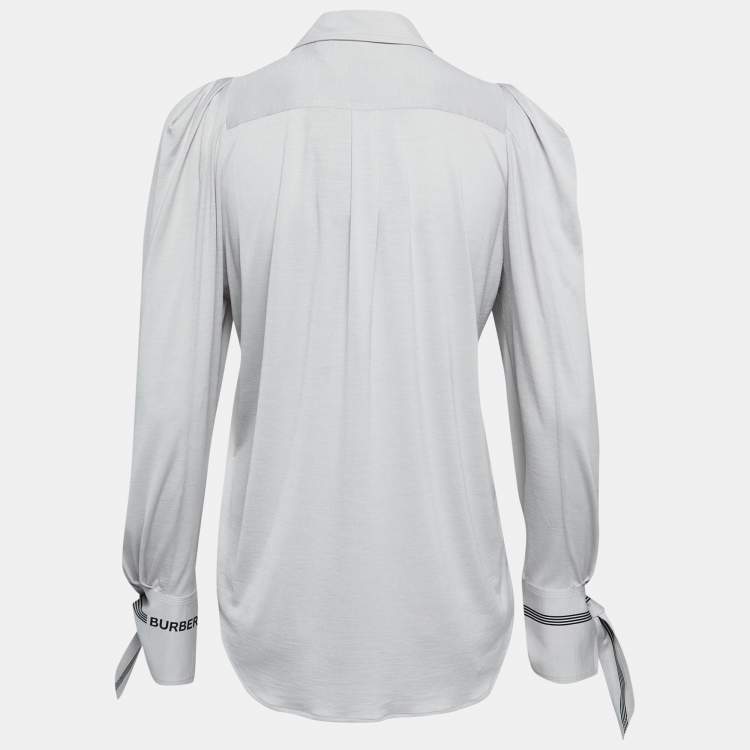 Pre Owned Burberry Grey Wool & Silk Jersey Striped Detail Button Front T-Shirt XS