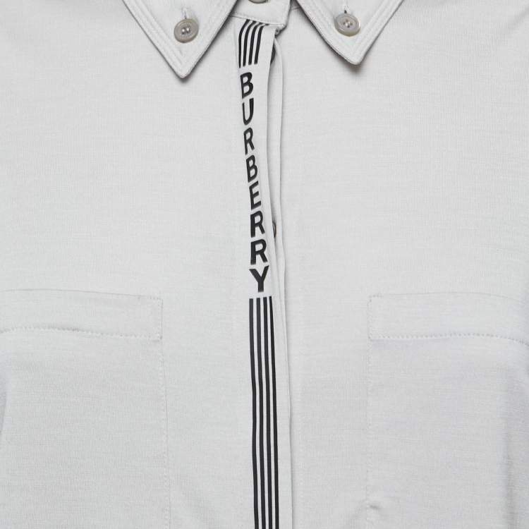 Pre Owned Burberry Grey Wool & Silk Jersey Striped Detail Button Front T-Shirt XS