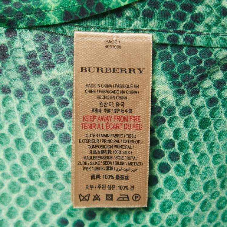 Pre Owned Burberry Green Snake Print Silk Neck Tie Detail Button Front Blouse L