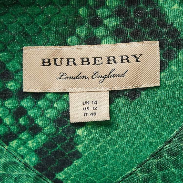 Pre Owned Burberry Green Snake Print Silk Neck Tie Detail Button Front Blouse L