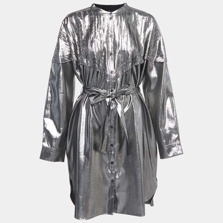 Pre Owned Burberry Metallic Grey Lurex & Silk Button Front Belted Short Dress L