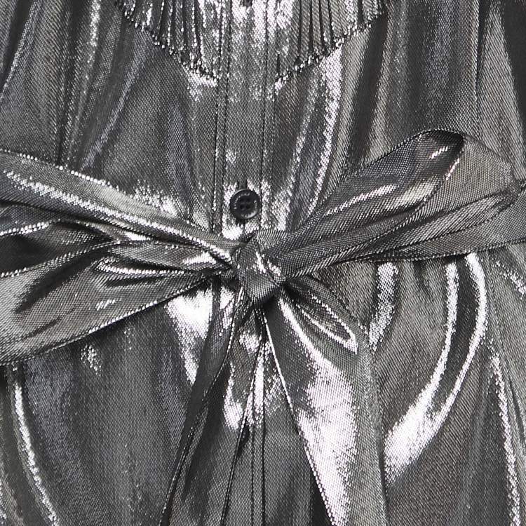Pre Owned Burberry Metallic Grey Lurex & Silk Button Front Belted Short Dress L