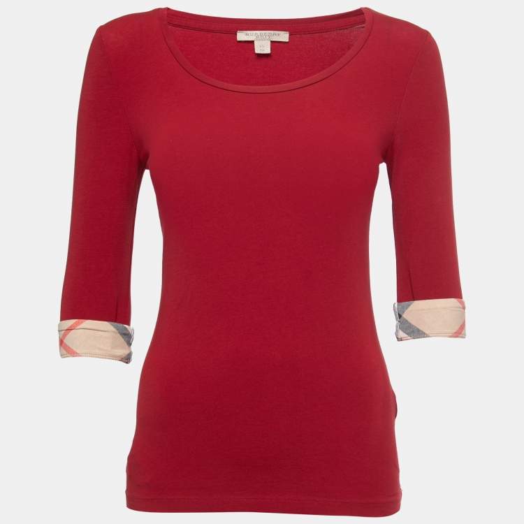 Pre Owned Burberry Brit Red Cotton Check Detail Crew Neck Long Sleeve T-Shirt XS
