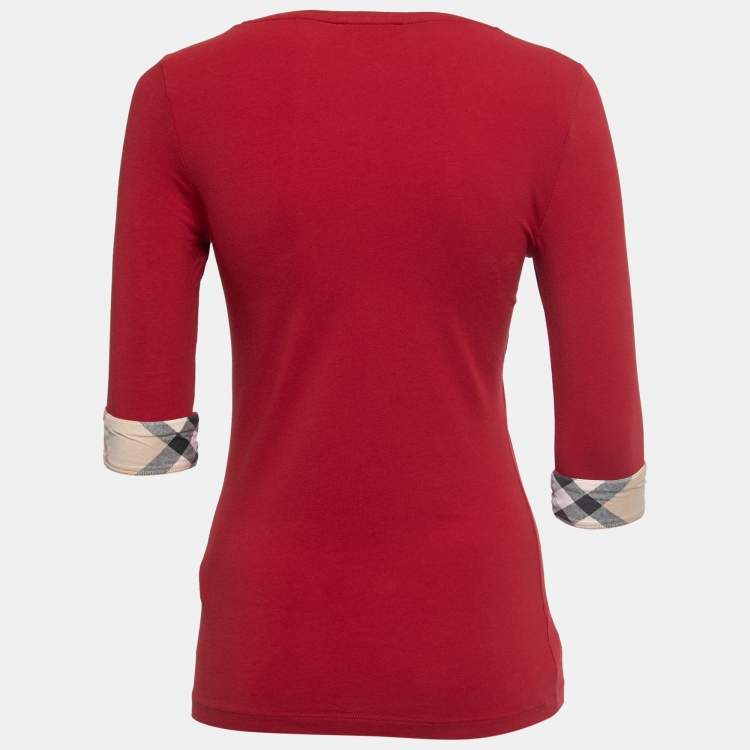 Pre Owned Burberry Brit Red Cotton Check Detail Crew Neck Long Sleeve T-Shirt XS