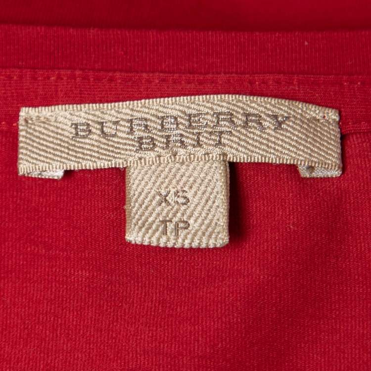Pre Owned Burberry Brit Red Cotton Check Detail Crew Neck Long Sleeve T-Shirt XS