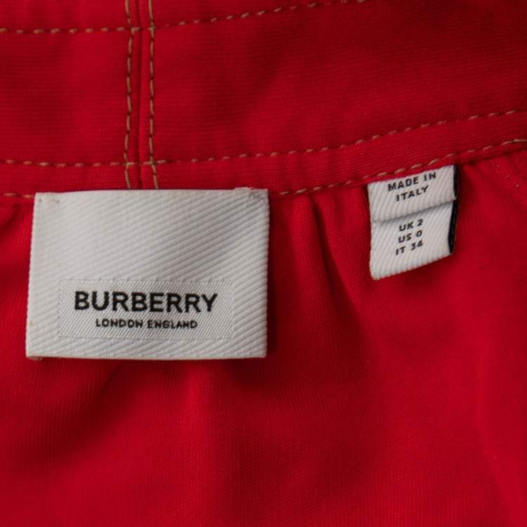 Pre Owned Burberry Red Jersey Button Front Neck Tie Detail Long Sleeve Midi Dress XS