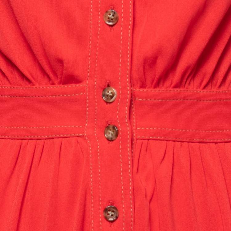 Pre Owned Burberry Red Jersey Button Front Neck Tie Detail Long Sleeve Midi Dress XS