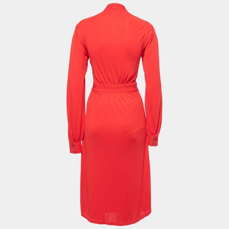 Burberry Red Jersey Button Front Neck Tie Detail Long Sleeve Midi Dress XS Burberry TLC