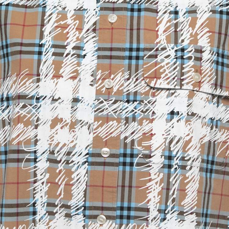 مملوكة مسبقًا Burberry Dark Beige Scribbled Check Cotton Long Sleeve Shirt M