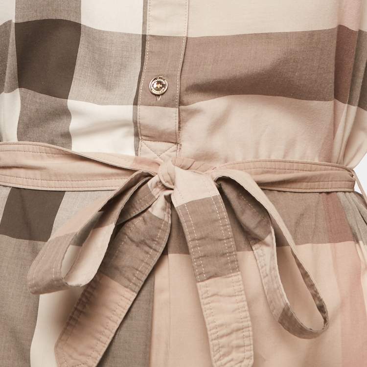 Pre Owned Burberry Pale Grey Checked Cotton Belted Shirt Dress M