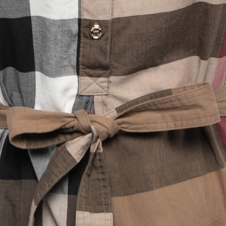 Pre Owned Burberry Beige Check Printed Cotton Belted Kelsy Chemisier Dress S
