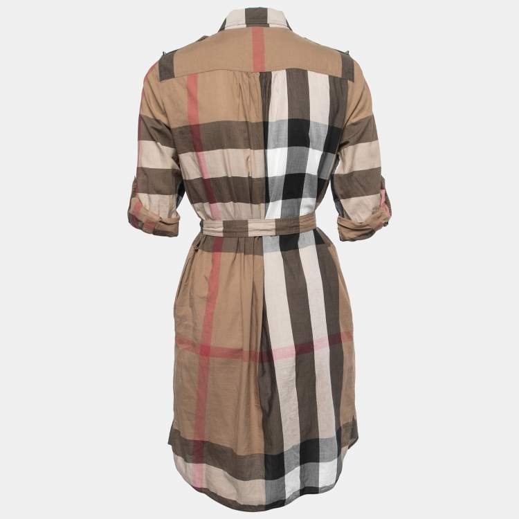 Pre Owned Burberry Beige Check Printed Cotton Belted Kelsy Chemisier Dress S