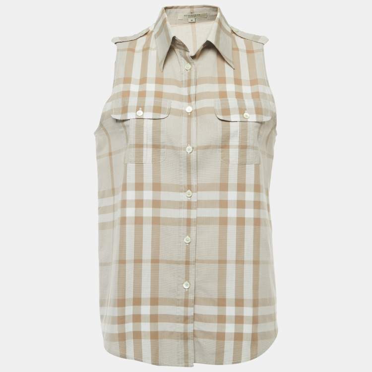 Pre Owned Burberry Brown Plaid Cotton Button Front Sleeveless Shirt M