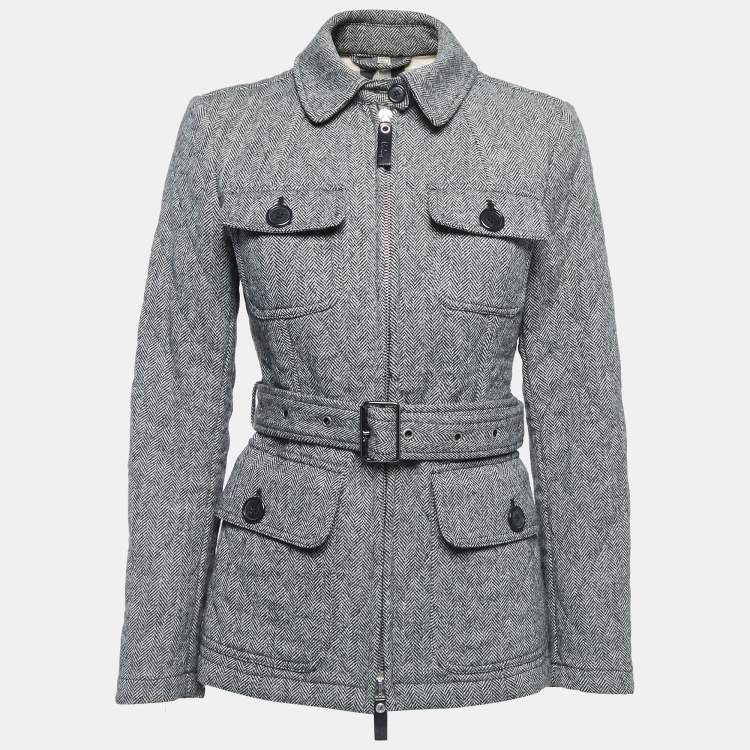 Pre Owned Burberry Black Patterned Wool Zip Front Belted Jacket S