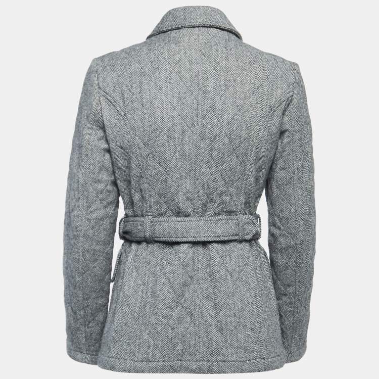 Pre Owned Burberry Black Patterned Wool Zip Front Belted Jacket S
