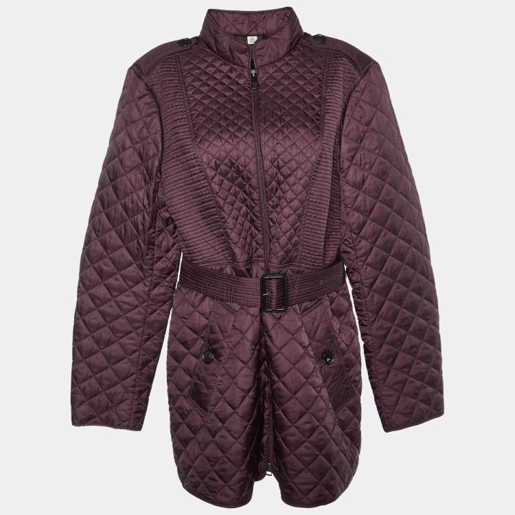 Pre Owned Burberry Burgundy Quilted Belted Long Jacket L