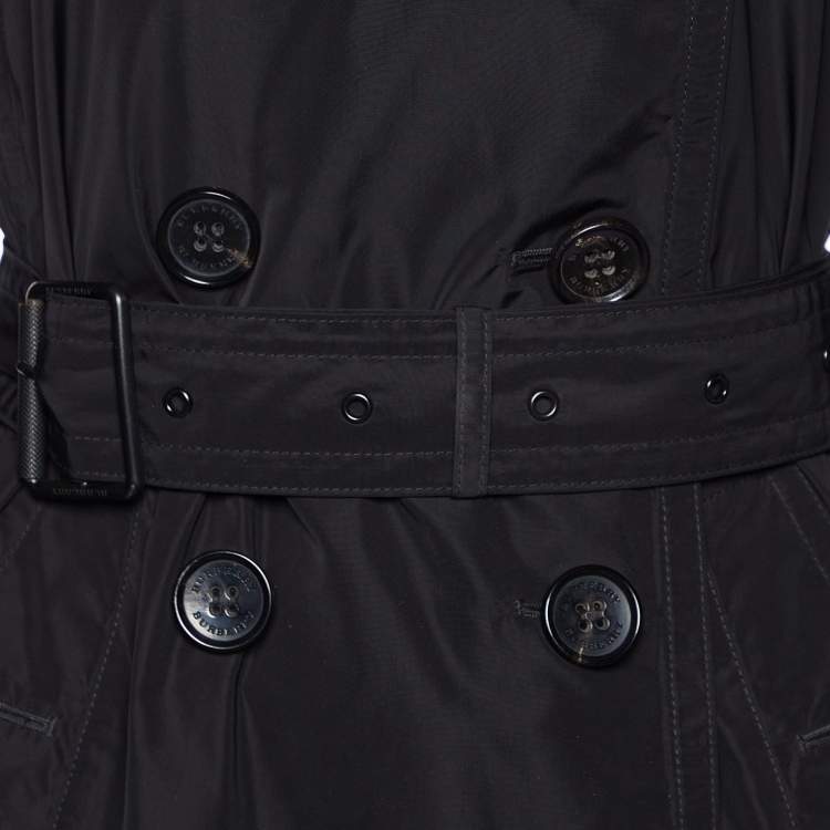 Pre Owned Burberry Black Polyester Belted Double Breasted Trench Coat XS
