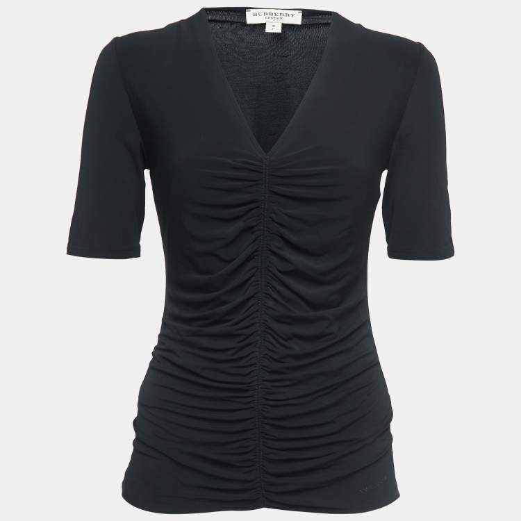 Pre Owned Burberry Black Jersey Knit Ruched V-Neck Top S