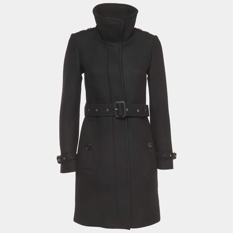 Pre Owned Burberry Black Wool Blend Single Breasted Belted Trench Coat S