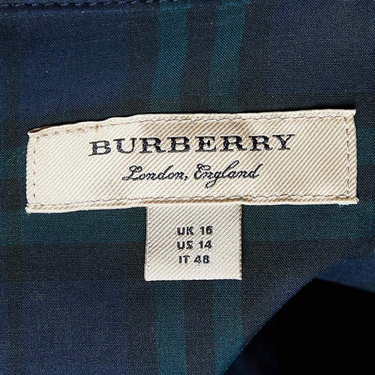 Pre Owned Burberry Navy Blue/Green Plaid Check Cotton Belted Dress L
