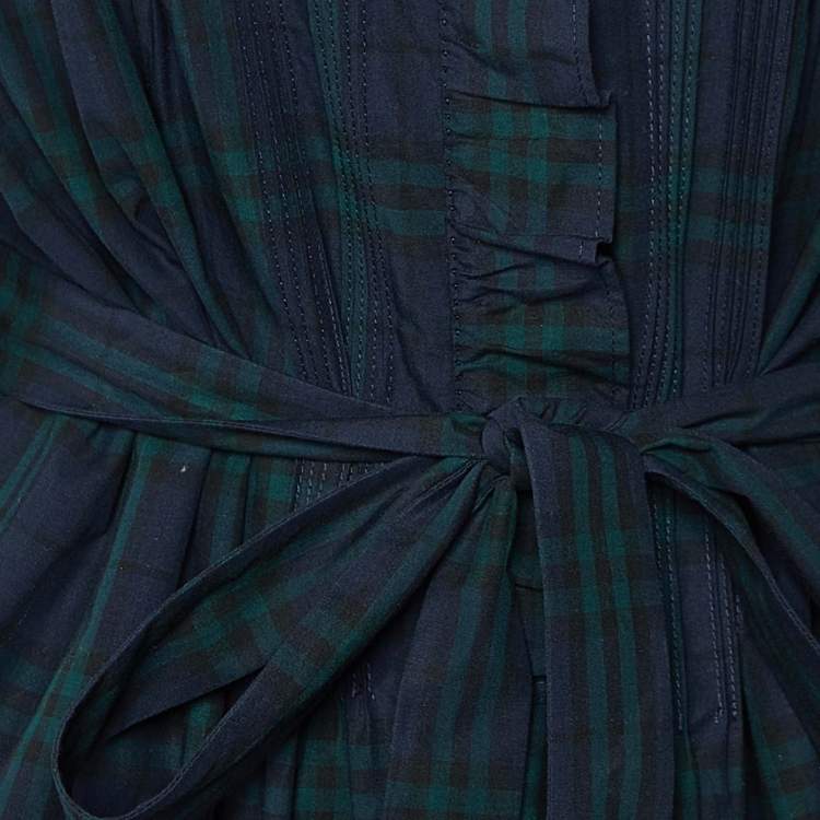 Pre Owned Burberry Navy Blue/Green Plaid Check Cotton Belted Dress L