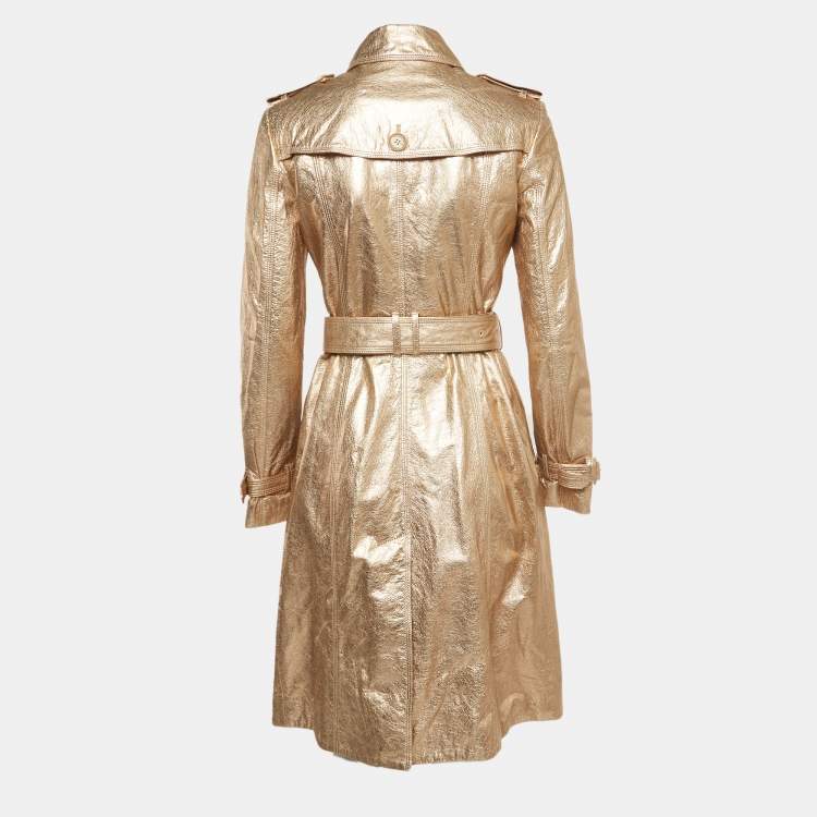 Burberry Metallic Gold Leather Double Breasted Belted Trench Coat S Burberry TLC