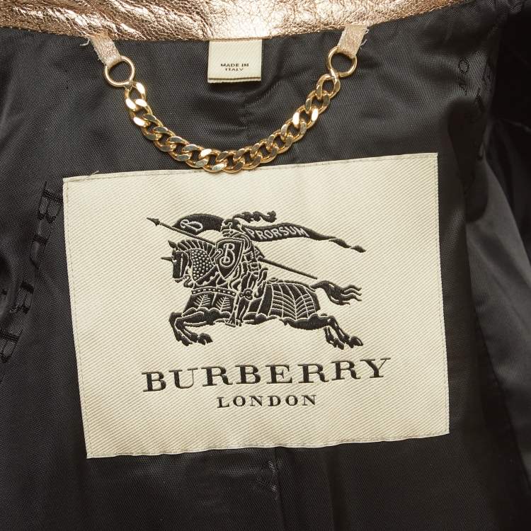 Pre Owned Burberry Metallic Gold Leather Double Breasted Belted Trench Coat S