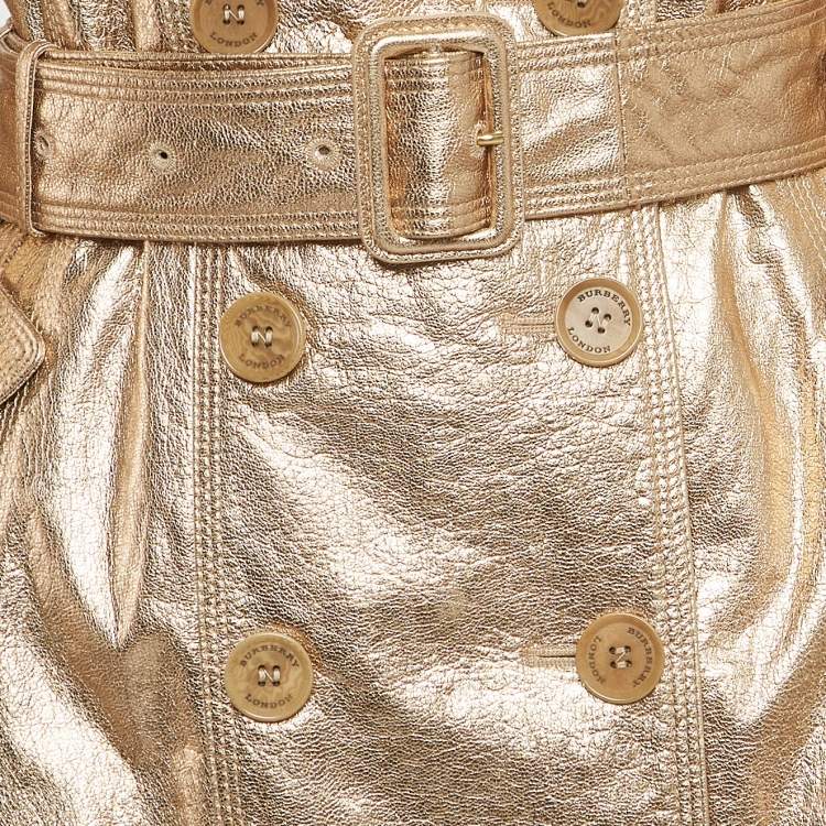 Pre Owned Burberry Metallic Gold Leather Double Breasted Belted Trench Coat S