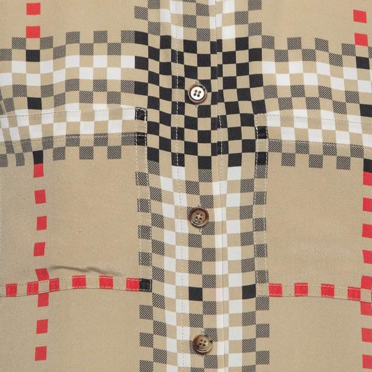 Pre Owned Burberry Beige Pixel Check Silk Shirt and Pants Set S/M