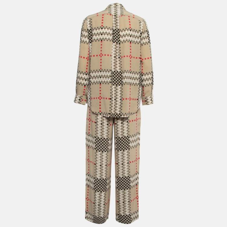 Pre Owned Burberry Beige Pixel Check Silk Shirt and Pants Set S/M
