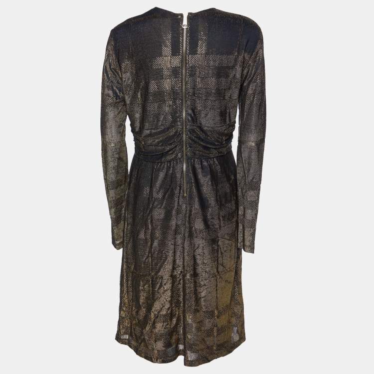 Pre Owned Burberry Gold Metallic Knit Ruched Long Sleeve Dress L