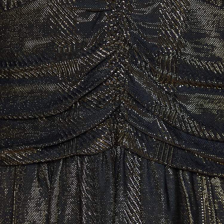 Pre Owned Burberry Gold Metallic Knit Ruched Long Sleeve Dress L