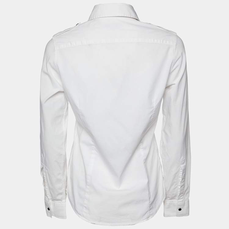 Pre Owned Burberry White Cotton Logo Embroidered Long Sleeve Shirt S