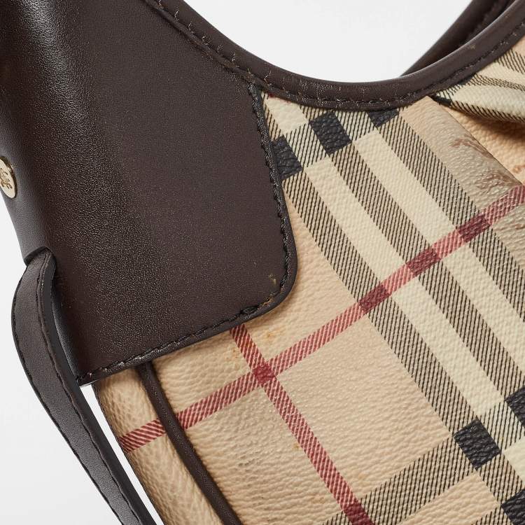 Pre Owned Burberry Brown/Beige Haymarket Coated Canvas and Leather Small Brooklyn Hobo