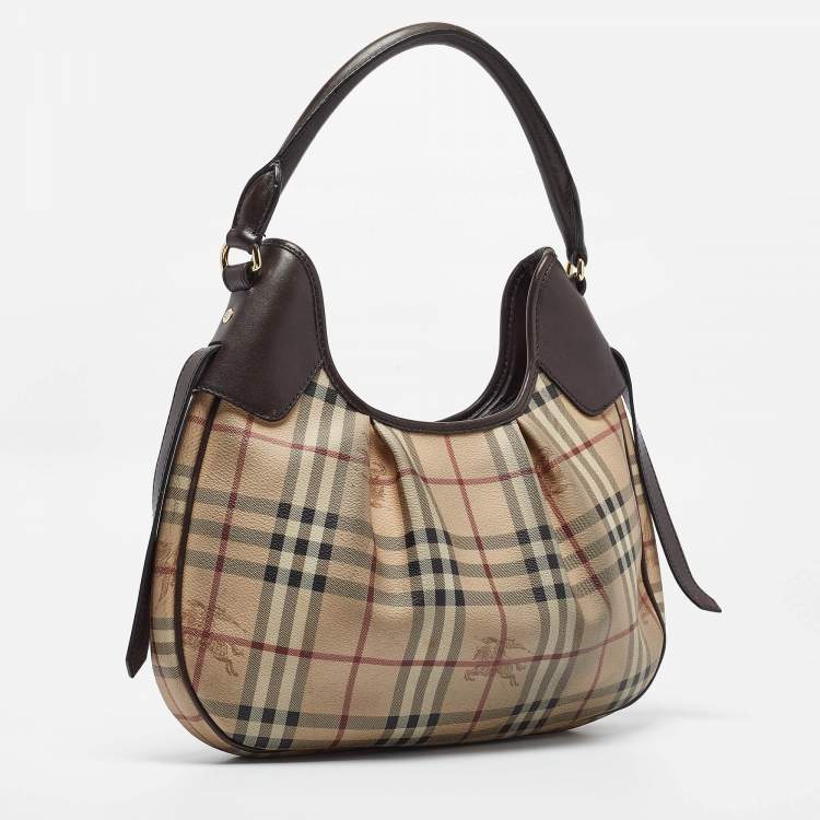Pre Owned Burberry Brown/Beige Haymarket Coated Canvas and Leather Small Brooklyn Hobo