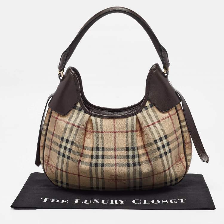 Pre Owned Burberry Brown/Beige Haymarket Coated Canvas and Leather Small Brooklyn Hobo